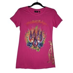 Christian Audigier Twin Bird Rhinestone Pink Tee Shirt Ed Hardy NWT Large